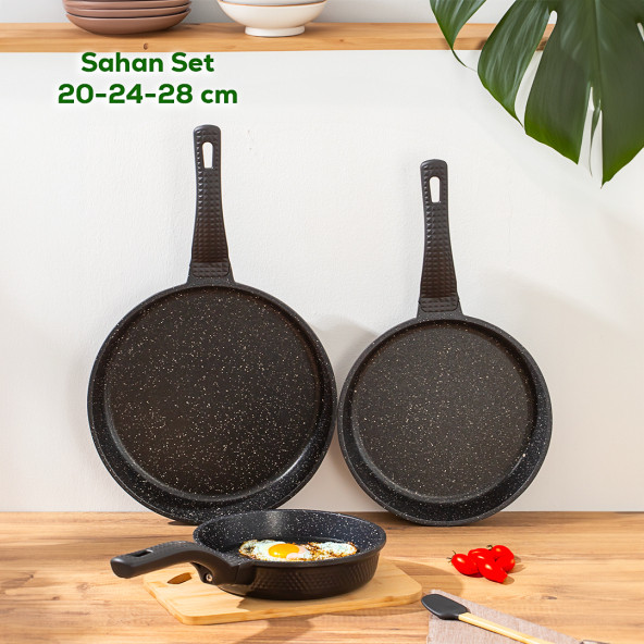 OMS 3737 Döküm Granit 3 Parça Tava Seti Siyah (20-24-28 cm)