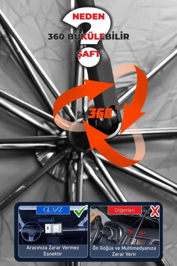 Glanz Oto Katlanabilir Güneşlik Şemsiye Ön Cam Gölgelik 145-79cm Özel Esnek Saplı Güneş Koruyucu - 2