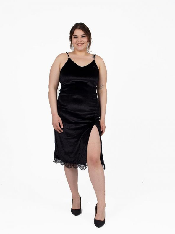 Truva Xxl Büyük Beden Kadın Giyim Kadife Askılı Elbise Siyah Elb483