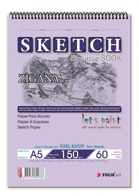 Zigana A5 Spiralli Sketchbook 150 gr. 60 yaprak Eskiz Defteri