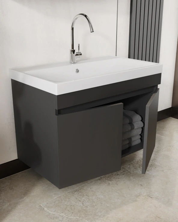 Karen Banyo Arya Banyo Dolabı Seti 80 Cm, Mat Antrasit, Lavabo Dahil,Lavabolu... - 3