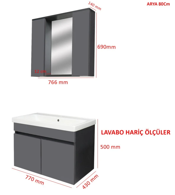 Karen Banyo Arya Banyo Dolabı Seti 80 Cm, Mat Antrasit, Lavabo Dahil,Lavabolu... - 2