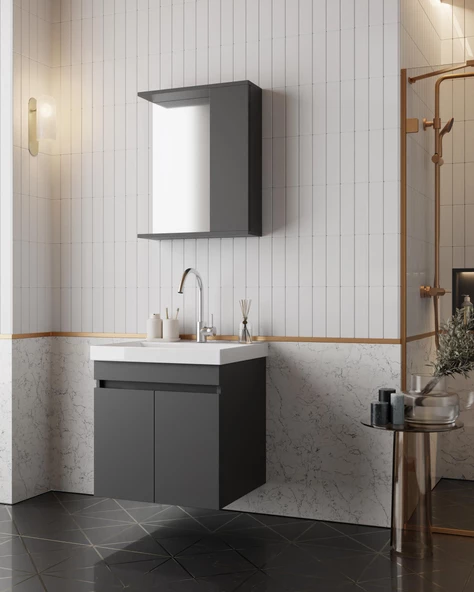 Karen Banyo Arya Banyo Dolabı Seti 60 Cm, Mat Antrasit, Lavabo Dahil, Lavabolu