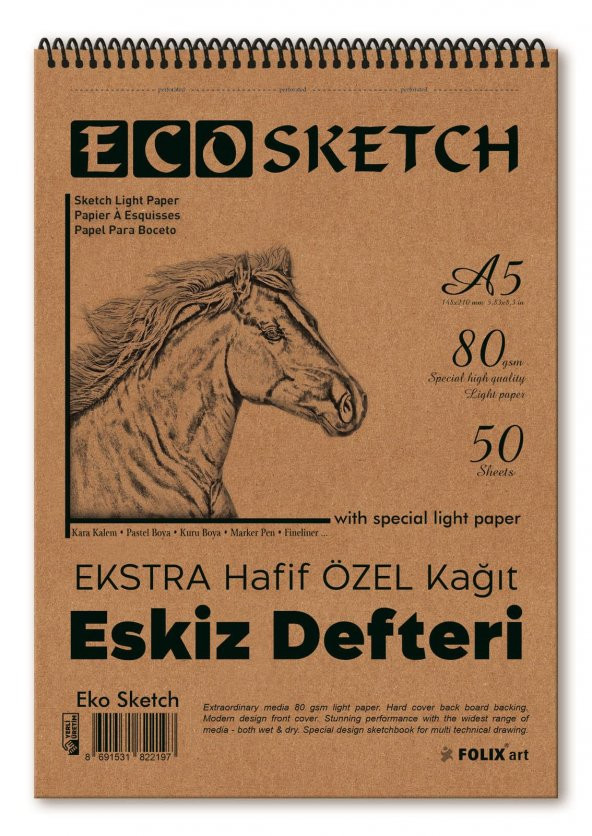 EKOSketch Eskiz Defteri A5 80 gr. 50 yaprak Spiralli Folix Sketchbook