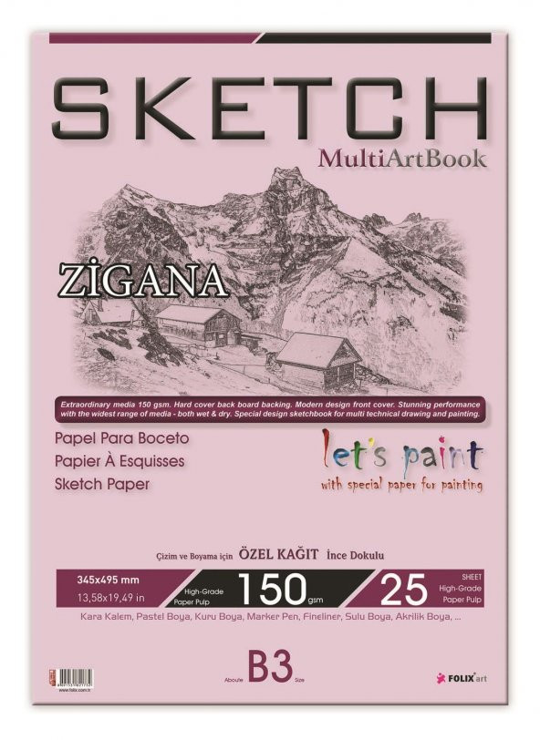 Zigana B3 Tutkallı Sketchbook 150 gr. Beyaz 34,5x49,5 cm 25 yaprak