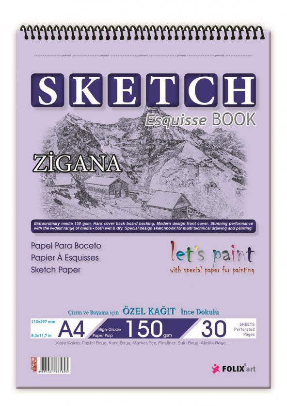 Zigana A4 Spiralli Sketchbook 150 gr. 30 yaprak Eskiz Defteri