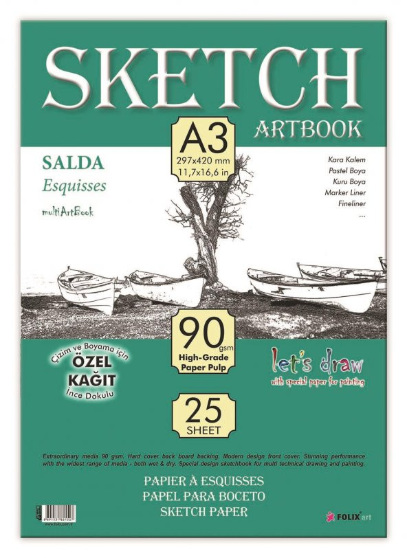 Sketchbook SALDA A3 Tutkallı 90 gr. Beyaz 25 yaprak