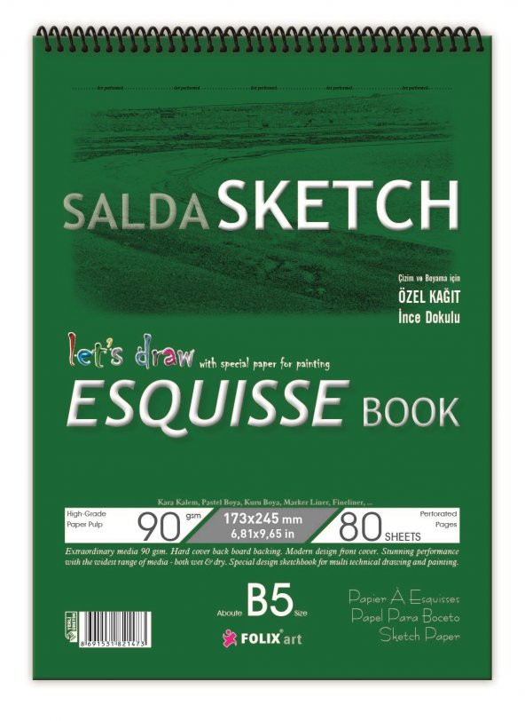 Sketchbook Salda B5 Spiralli 90 gr. 17,3 x 24,5 cm 80 yp. Eskiz Defteri