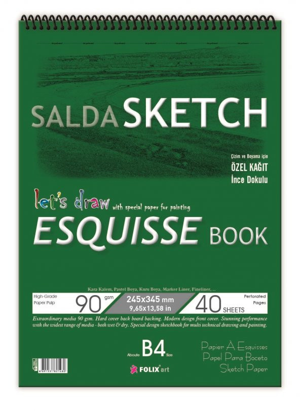 Sketchbook Salda B4 Spiralli 90 gr. 24,5x34,5 cm 40 yp. Eskiz Defteri