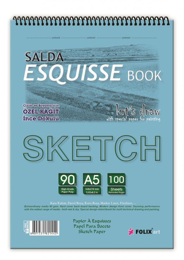 Sketchbook Salda A5 Spiralli 90 gr. 100 yaprak Eskiz Defteri