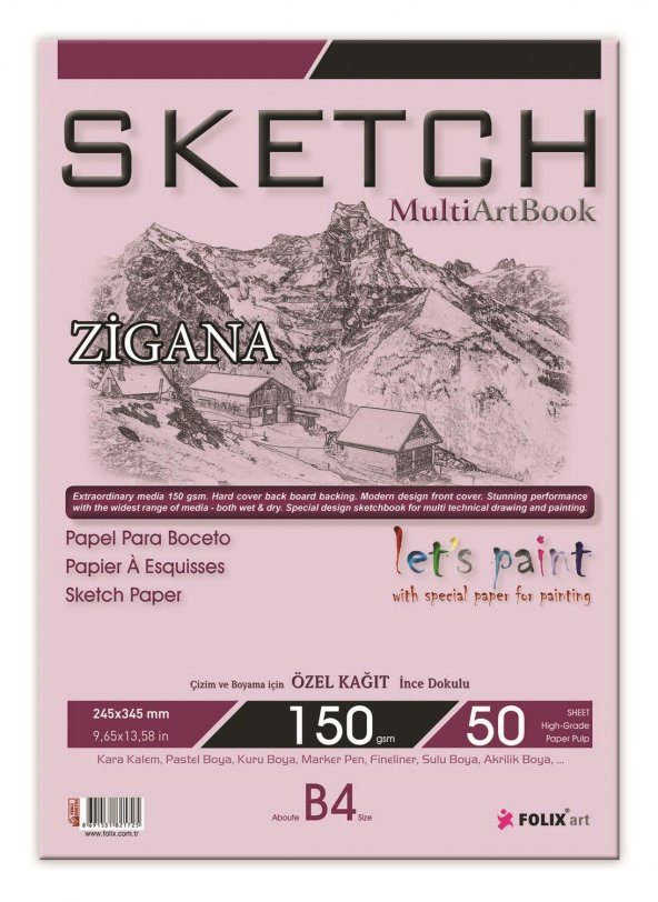 Zigana B4 Tutkallı Sketchbook 150 gr. Beyaz 24,5x34,5 cm 50 yaprak