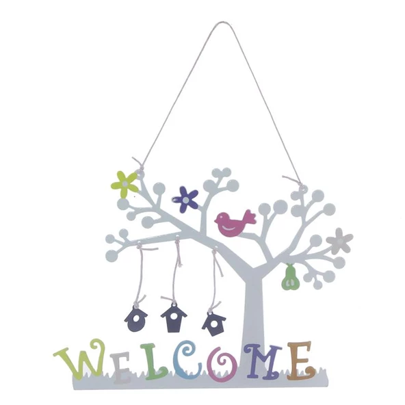 Welcome Yazılı Metal Ağaç Kapı Süsü 14x18cm