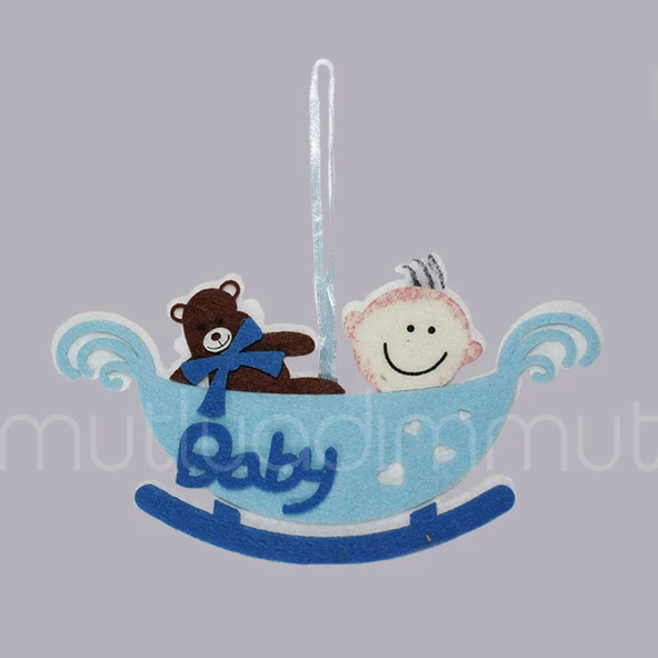 Ayıcıkılı Kızakta Bebek Keçe Kapı Süsü Küçük 18x10cm - 4