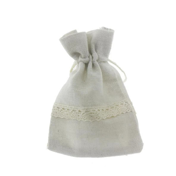 25 Adet 9x13cm Dantel Şeritli Keten Kese - 5