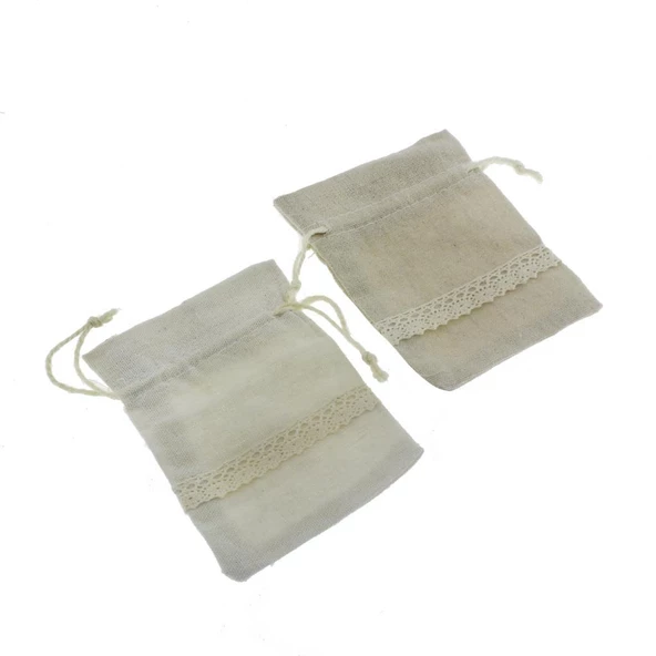 25 Adet 9x13cm Dantel Şeritli Keten Kese - 3