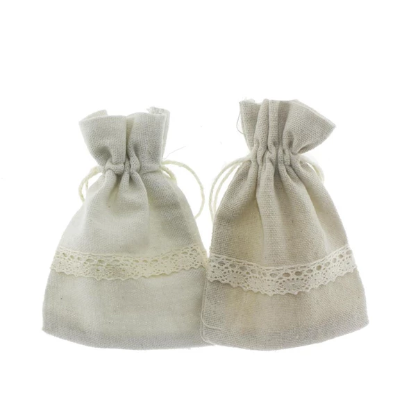 25 Adet 9x13cm Dantel Şeritli Keten Kese - 4