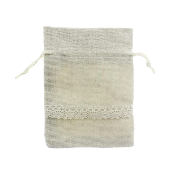 25 Adet 9x13cm Dantel Şeritli Keten Kese - 2