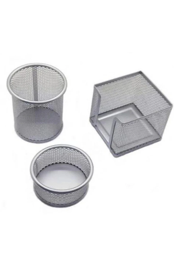 Mas Masa Seti Ataşlık-Kağıtlık-Kalemlik 3 Lü Metal Perforeli Silver Gümüş Renk Masa Seti