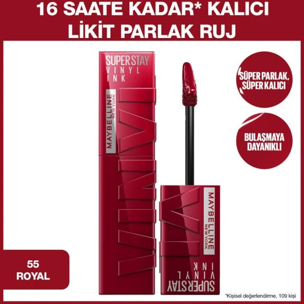 Maybelline New York Super Stay Vinyl Ink Likit Parlak Ruj - 55 Royal - 2