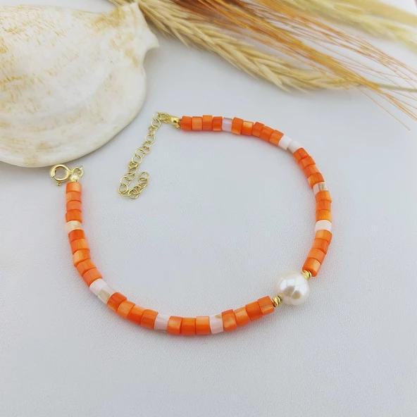 Vaoov 925 Ayar Gümüş Turuncu Sedef Taşlı İncili Bileklik - Resim 3