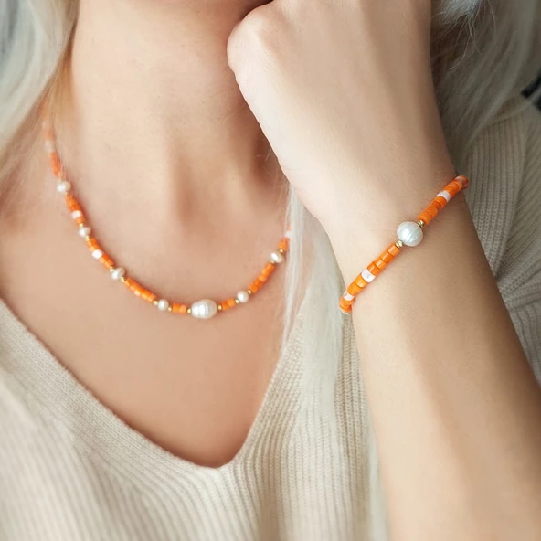 Vaoov 925 Ayar Gümüş Turuncu Sedef Taşlı İncili Bileklik - Resim 2