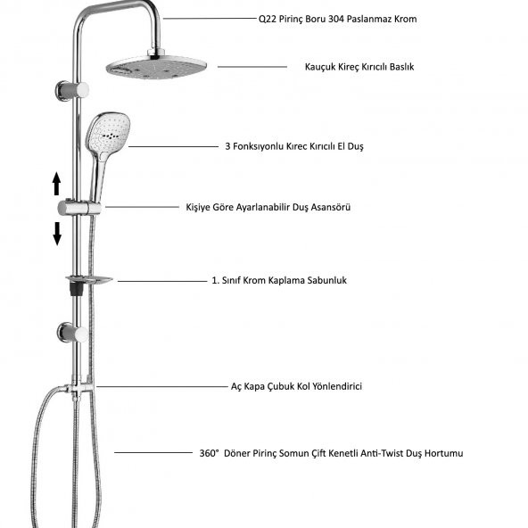 ECA Luna Banyo Bataryası+T-MAY Banyo Ayvacık Elips Tepe Duş Takımı Seti Paslanmaz Krom - 5