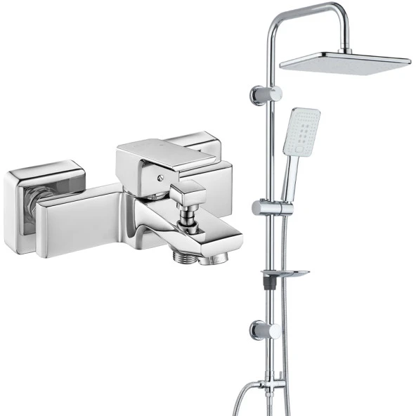 Eca Tiera Banyo Bataryası+T-May Banyo Çınar Dikdörtgen Tepe Duş Takımı Seti Paslanmaz Krom