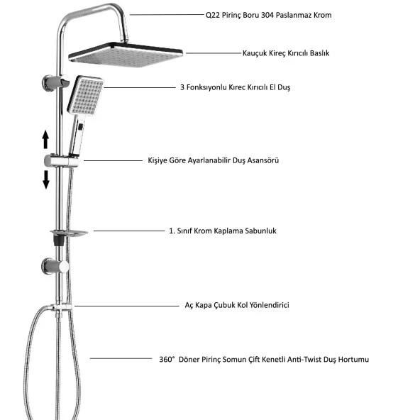 Eca Tiera Banyo Bataryası+T-May Banyo Sümbül Kare Tepe Duş Takımı Seti Paslanmaz Krom - Resim 5