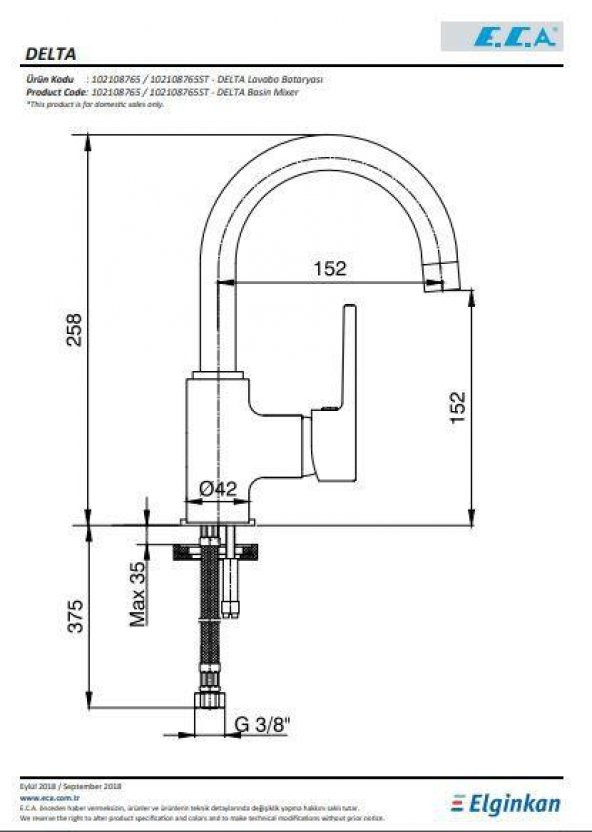 ECA Delta Kuğu Borulu Lavabo Bataryası 102108765 20 Yıl Garantili E.C.A. - Resim 2