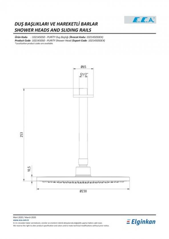 ECA Purity Tavandan Oval Borulu Ankastre Tepe Duş Başlığı 102145050 - 2
