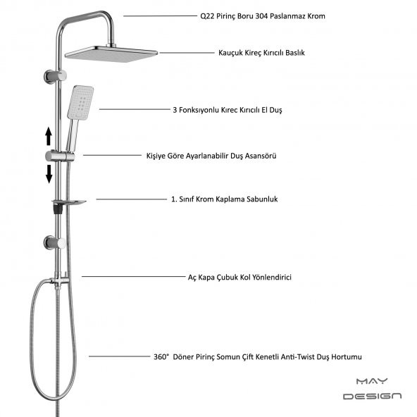 ECA Dalia Banyo Bataryası+T-MAY Banyo Çınar Dikdörtgen Tepe Duş Takımı Seti Paslanmaz Krom - Resim 3