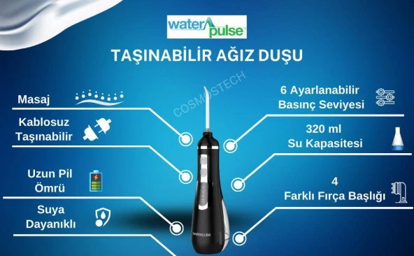 Waterpulse Water Flosser V500 Kablosuz Taşınabilir Ağız Duş Bakım Seti Siyah - 3