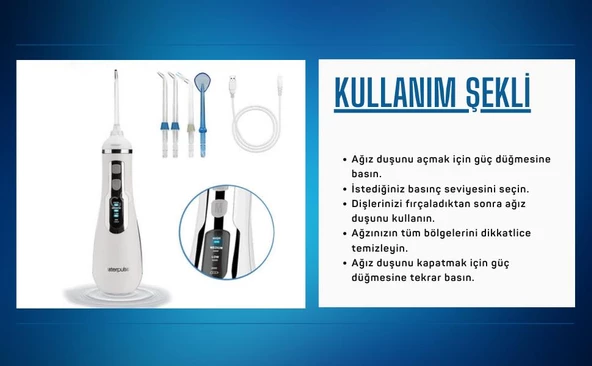 Waterpulse Water Flosser V500 Kablosuz Taşınabilir Ağız Duş Bakım Seti Beyaz - 6
