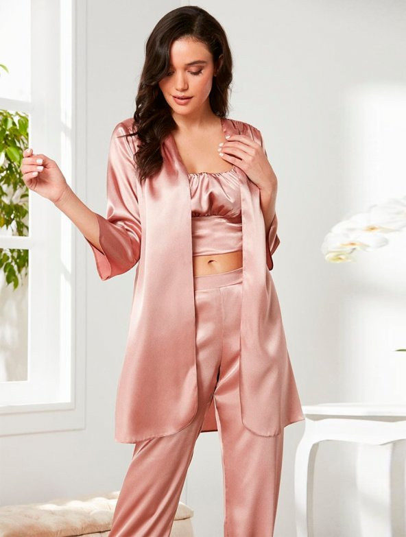 Pierre Cardin Kadın 3 lü Gelin Saten Pijama ve Sabahlık Takımı 2075