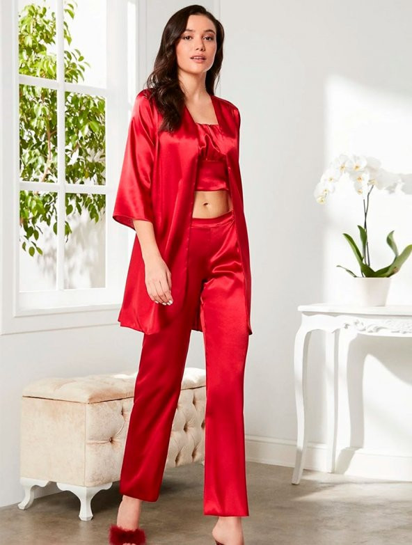 Pierre Cardin Kadın 3 lü Gelin Saten Pijama ve Sabahlık Takımı 2075 - 5