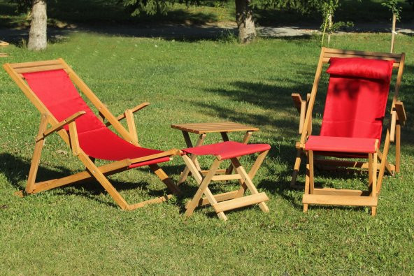 Su Geçirmez Kumaşlı ve Ayak Uzatma Tabureli Katlanır 2li Ahşap Şezlong Seti - 2