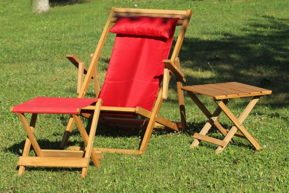 Su Geçirmez Kumaşlı ve Ayak Uzatma Tabureli Katlanır 2li Ahşap Şezlong Seti - 4