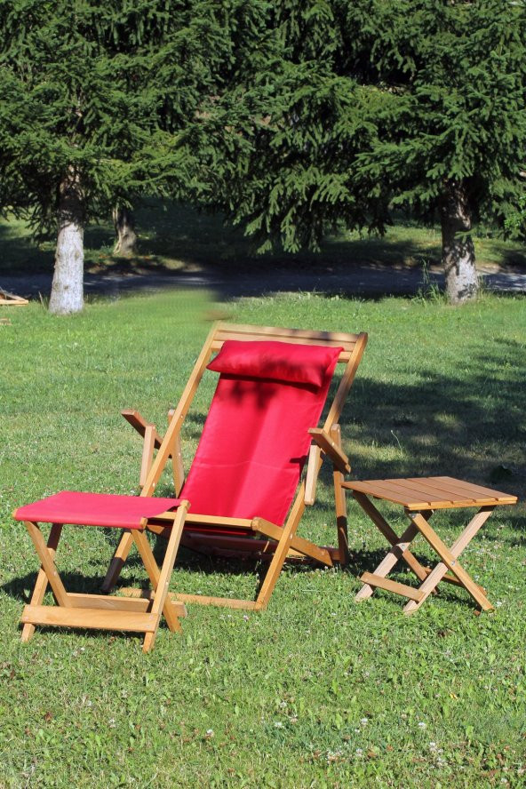 Su Geçirmez Kumaşlı ve Ayak Uzatma Tabureli Katlanır 2li Ahşap Şezlong Seti - 5