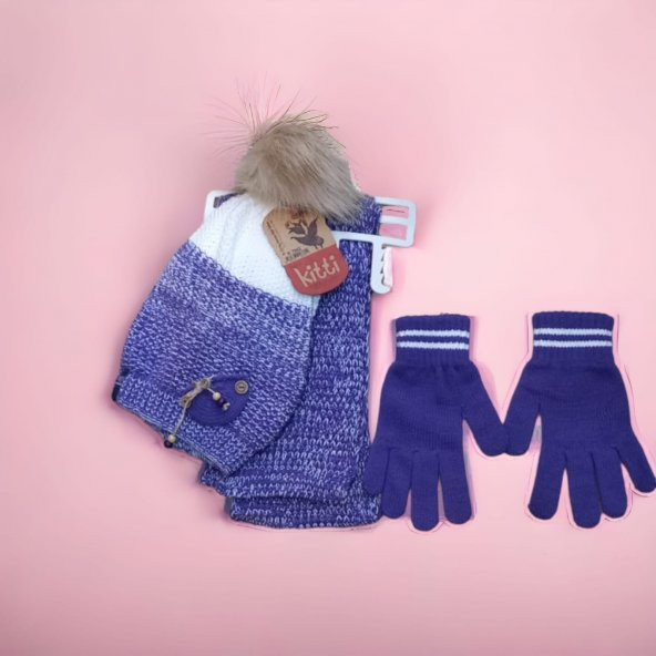 Kız Çocuk Triko Kitti Atkı Garson boy 9-15 yaş Bere Eldiven Takımı Mor