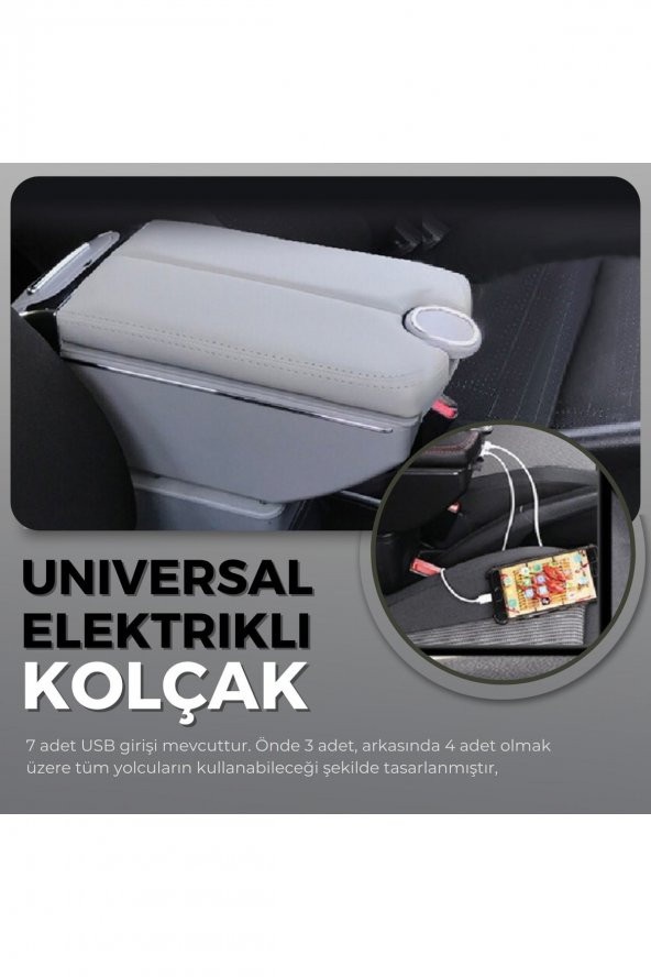 Oto Kolçak Kol Dayama Çift Açılır 7 Usb Girişli Tüm Araçlara Uyumlu Kolçak Gri