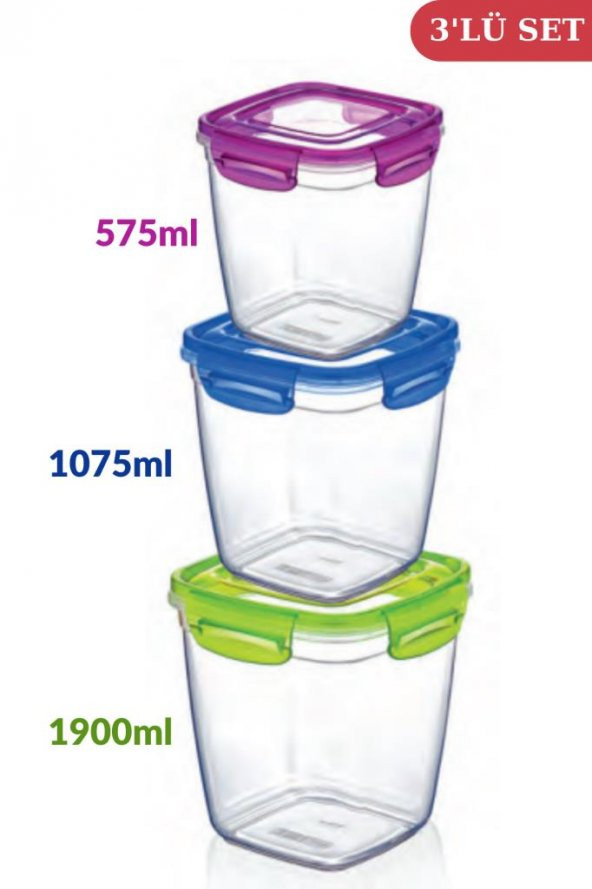 Flosoft Kilitli Derin Kare Un Bakliyat Erzak Saklama Kabı 3’lü Set (575ml,1075ml,1900ml) - 2