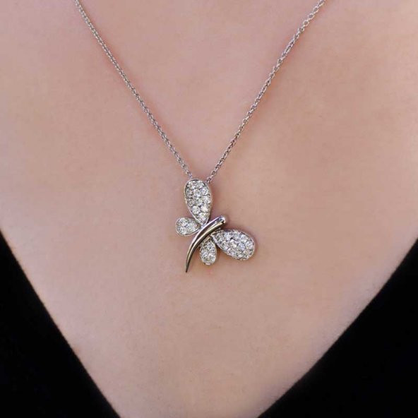 Pırlantalı Beyaz Kelebek Altın Kolye - Resim 3