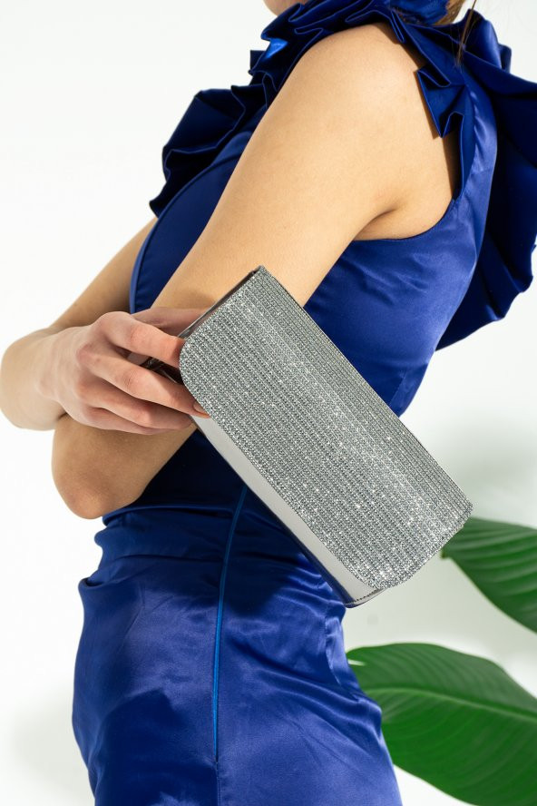 Platin Simli Abiye Çanta Portföy Clutch Çanta - 1