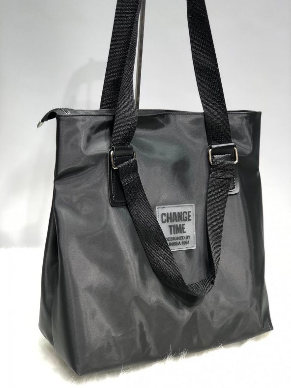 Change Time Siyah Kalın Paraşüt Kumaş Büyük Pat Detaylı Shopper Kol Çantası