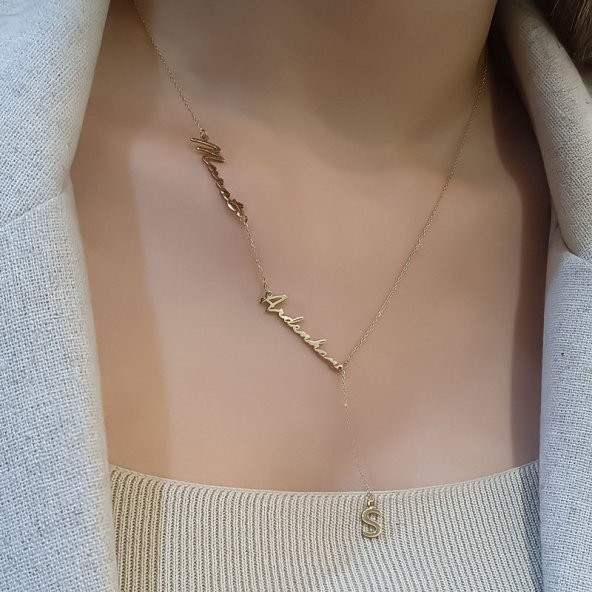 14 Ayar Altın İki İsimli Harfli Kolye - Resim 2