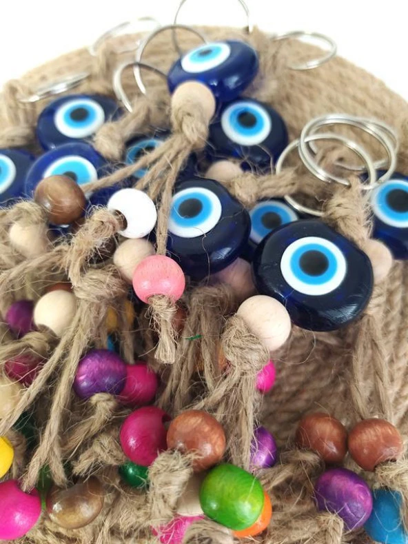 Nazar Boncuk Anahtarlık 10 Adet Kötü Göz Kovucu Nazar Hand Made Hasır Renkli Ahşap Boncuklu Nazarlı Anahtarlık - 3