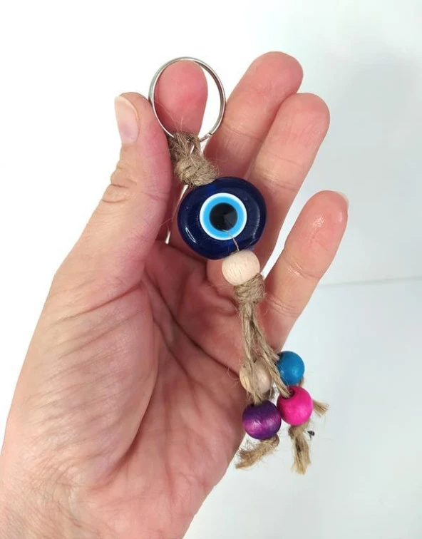 Nazar Boncuk Anahtarlık 10 Adet Kötü Göz Kovucu Nazar Hand Made Hasır Renkli Ahşap Boncuklu Nazarlı Anahtarlık - 5