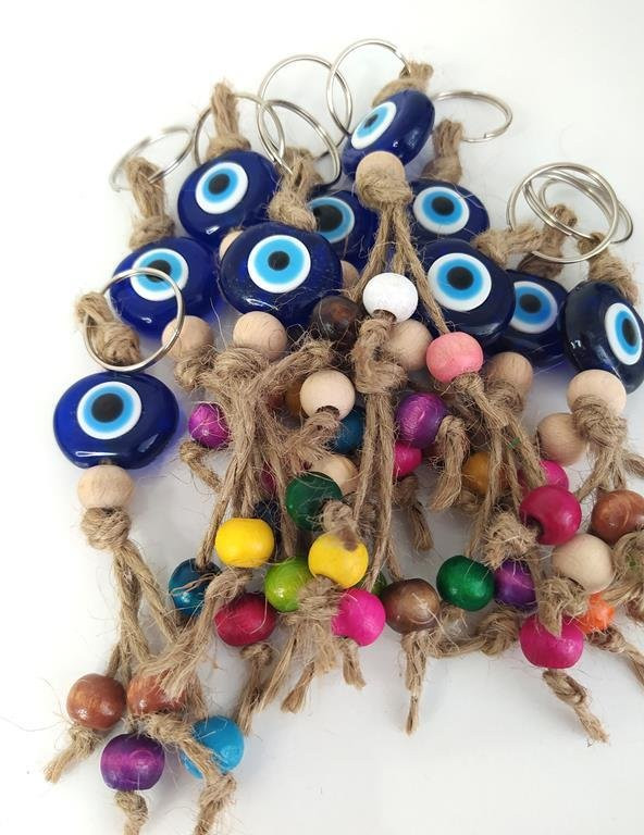 Nazar Boncuk Anahtarlık 20 Adet Kötü Göz Kovucu Nazar Hand Made Hasır Renkli Ahşap Boncuklu Nazarlı Anahtarlık - Resim 2