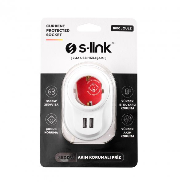 S-LINK SL-09 16A 3500W 1800 JOLUE 2 USB 2.4A ISIYA DUYARLI DEVRE VE AKIM KORUMALI TEKLİ PRİZ - 4