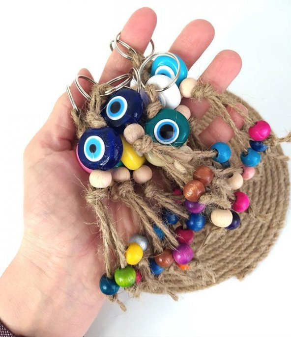 Nazar Boncuk Anahtarlık 20 Adet Karışık Renkli Kötü Göz Kovucu Nazar Hand Made Hasır Renkli Ahşap Boncuklu Nazarlı Anahtarlık - 2